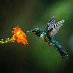Fototapeta premium Fiery-throated hummingbird soaring towards vivid orange Crocosmia floral display.
