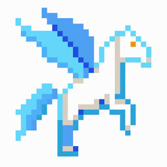 Obraz premium Colorful Pixel Art Pegasus with Blue Wings in Retro Video Game Style