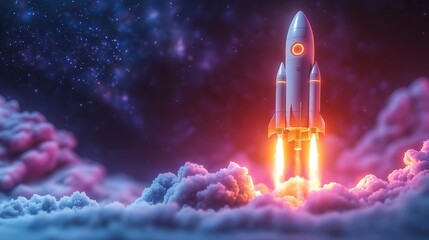 Obraz premium illustration of a laptop launching a rocket against a vivid purple background symbolizing innovation and the limitless potential of technology in a playful creative design