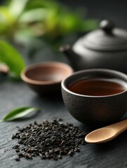 A serene tea setup with black tea leaves, a cup, and a teapot against a dark background.
