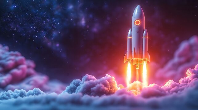 illustration of a laptop launching a rocket against a vivid purple background symbolizing innovation and the limitless potential of technology in a playful creative design