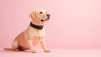 This enchanting image features a charming Labrador Retriever posing gracefully against a soft pink backdrop showcasing its playful personality and affectionate nature