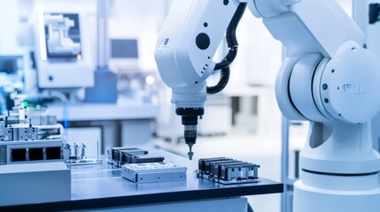 A high-tech robotic system performing automated assembly of cutting-edge home automation systems in a clean, modern home automation lab