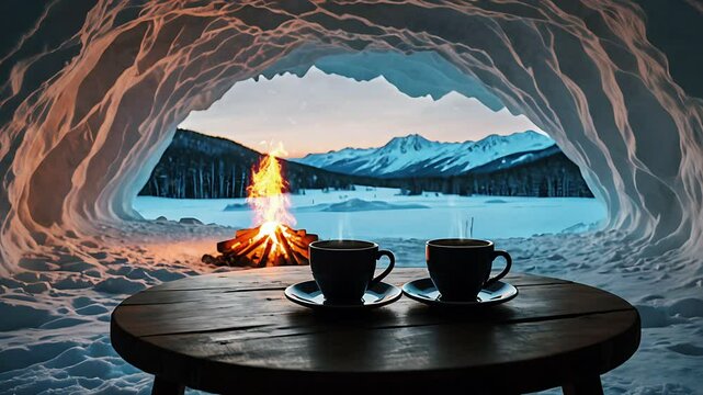 Igloo Escape: Coffee by the Campfire, seamless looping 4k animation video background