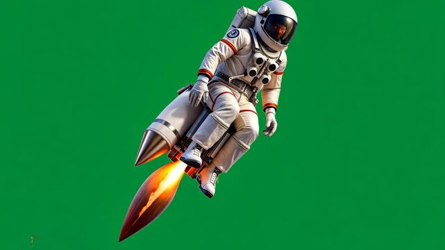 Astronaut using a rocket pack against a green backdrop. Green screen.