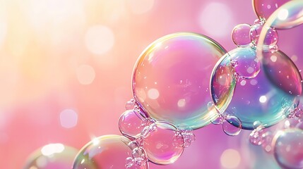 A close-up view of colorful soap bubbles against a soft, dreamy background, showcasing iridescent shades and gentle reflections.