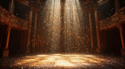 Dramatic golden confetti falling over stage under a warm amber spotlight the empty room exudes an air of mystery ideal for a jubilee celebration or luxurious event mockup