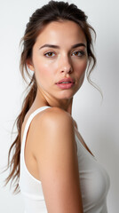 Obraz premium Stunning Beauty Model Portrait Showcasing Flawless Skin and Natural Makeup on White Background