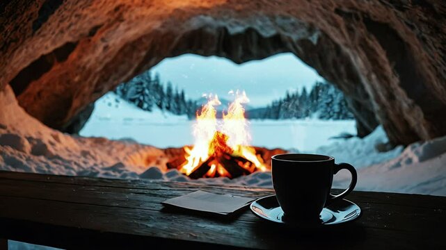 Igloo Escape: Coffee by the Campfire, seamless looping 4k animation video background