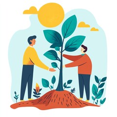 Mentor guiding sustainable investment, healthcare growth, food industry transformation, flat design illustration