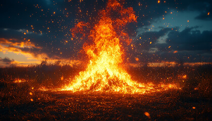 Glowing flame burning bright in the dark night generated by AI