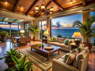 Fototapeta premium Elegant Seaside Home Interior in Tropical Style with Ocean View, Low Light Photography for Cozy Atmosphere
