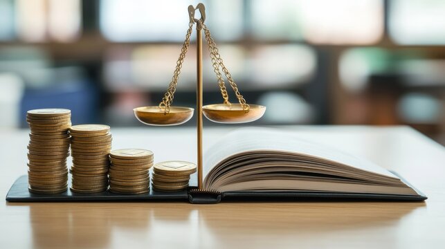 A balance scale sits between stacks of coins and an open book, symbolizing justice, finance, and legal knowledge in a professional setting.