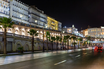 Night view of the central embankment of the city of Algiers. Seaside boulevard in Algiers. Algiers...