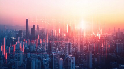 Vibrant Cityscape with Digital Overlay at Sunset