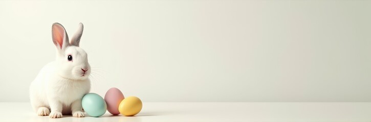 Playful White Rabbit with Pastel Eggs on a Soft Background