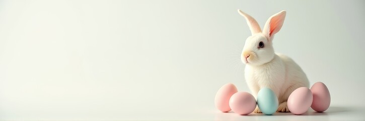 Obraz premium Delightful White Rabbit Surrounded by Colorful Easter Eggs