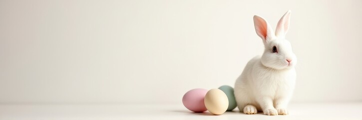 Obraz premium Elegant Easter Setup: White Bunny and Soft Pastel Eggs