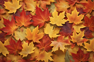 Fototapeta premium Top view of orange brown yellow and red maple tree leaves in Autumn seasonal scene background