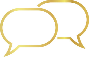 Two overlapping 3x2 aspect ratio oval gold metallic speech bubbles. Blank outline message bubbles with distinctive curved tails on transparent background. 