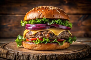 Close-up view of a rustically elegant artisan burger with juicy and flavorful toppings