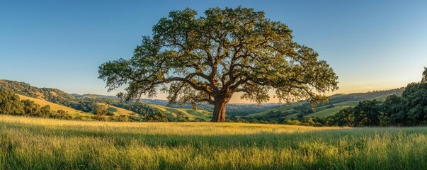 Lone tree in a sunlit meadow with rolling hills in the background.