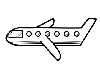 Black and white airplane in cartoon style. Hand drawn doodle air transport in outline for kids design. Great for coloring page. Vector illustration