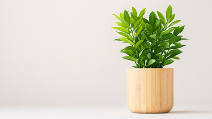 This image showcases a beautiful green plant in a stylish wooden pot perfect for adding a touch of nature to any indoor space
