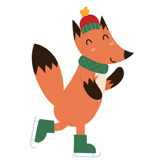 Cute fox in a winter hat ice skating. Adorable forest character isolated on white background. Woodland animal in cartoon style for kids design. Vector illustration