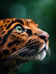 Naklejka premium Close-up of a jaguar's face with striking green eyes and unique fur patterns, capturing the essence of wildlife.