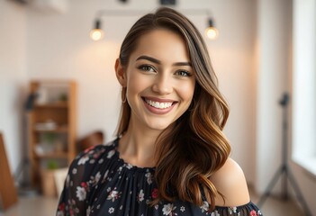Portrait of a Smiling Young Woman with Long Brown Hair