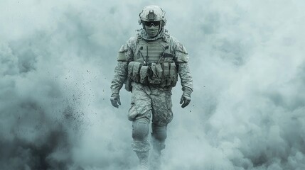 Naklejka premium A soldier in full gear walks through smoke and dust on a battlefield.
