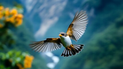 An incredible close-up of a bird in flight against a backdrop of towering mountains a river and vibrant flowers captured with a Sony A90 and 600mm lens.