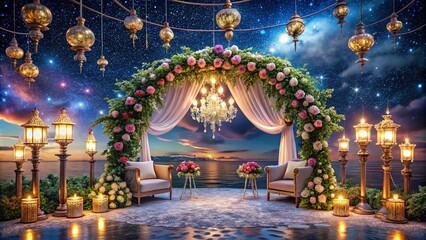 Fototapeta premium Elegant Wedding Invitation Design with Classic Ornaments and Night Photography Elements