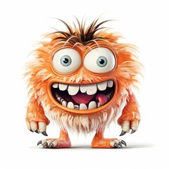 Obraz premium Orange furry monster with large eyes, teeth, and messy hair on white background.