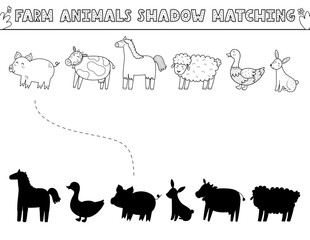Find the correct shadow black and white activity page with cute farm animals. Farm characters matching game in outline for kids. Search the silhouette puzzle. Vector illustration