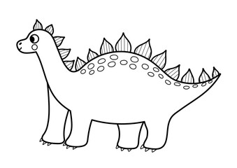Cute black and white stegosaurus in cartoon style isolated element. Funny dinosaur of jurassic period for kids design. Prehistorical dino clipart in outline. Vector illustration 