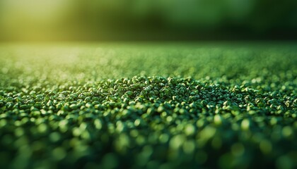 Close-up of vibrant green grass with soft sunlight illuminating the scene, creating a serene outdoor atmosphere.