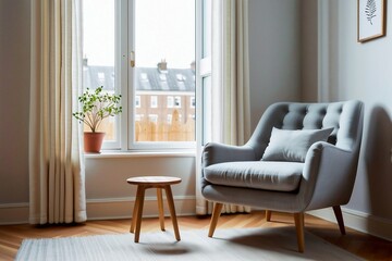 Fototapeta premium Stylish armchair in the corner of a cozy living room.