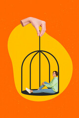 Vertical photo collage of happy girl sit cage arrest victim mental health problem jail guilt punishment isolated on painted background