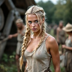 Fierce Viking woman with braided blonde hair, dirt-streaked face, intense blue eyes, and warrior expression in a rustic setting. Authentic Nordic historical look, powerful and captivating