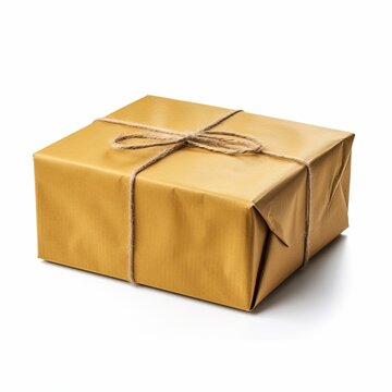 Single cardboard box tied with twine on white background.
