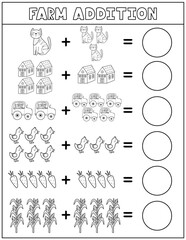 Farm addition black and white worksheet for kids. Math activity page in outline with cute farm characters and elements. Calculate the result sheet for school and preschool. Vector illustration