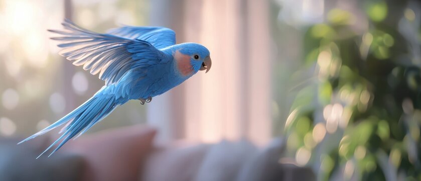 Colorful blue parakeet in flight, showcasing its stunning feathers and lively personality, indoor setting.