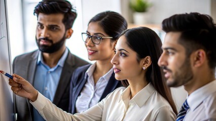 An Indian HR team brainstorming on a whiteboard.
