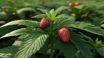 Two ripe strawberries on a plant with green leaves.