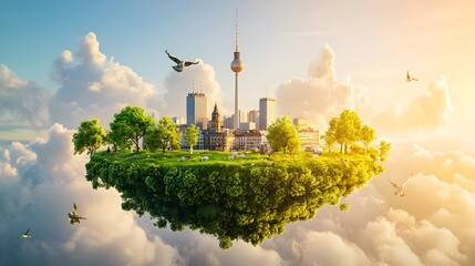 Obraz premium 3d illustration of fantasy floating Berlin surface with Fernsehturm, illustration of flying land with beautiful land scape. World landmark and historical place, tour guide for traveling agency
