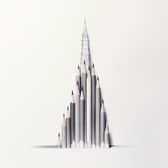 Obraz premium Group of pencils arranged in a pyramid shape with sketch of tower at the top on white background.