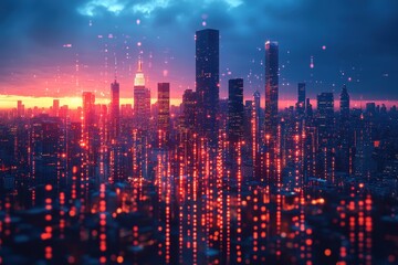 Stunning sunset over a city skyline with glowing lights and dark clouds at dusk