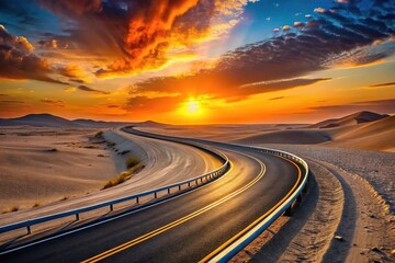 Close-up view of curved highway in the desert at sunset, perfect for wallpaper